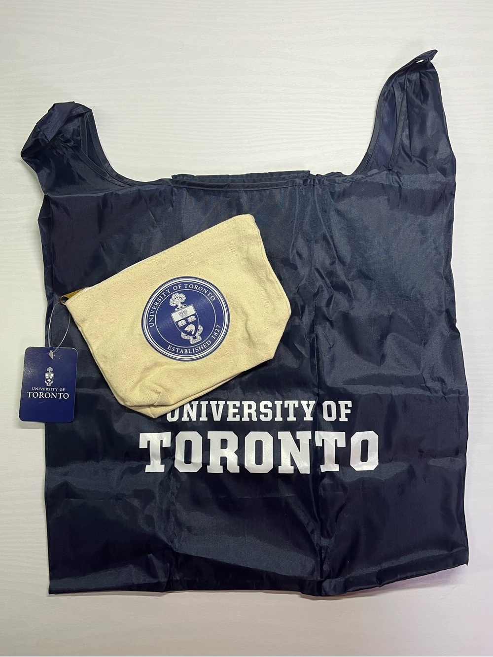 University of Toronto Navy Blue Reusable Tote Bag with Cream Small Pouch